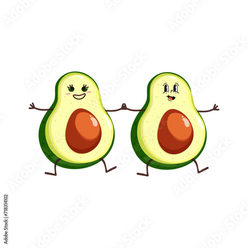 Avocado friends. Cartoon avocado fruit on a white background. Laughing fruit with cheerful eyes. Smiling summer character. Flat childish illustration of an avocado. Organic garden fruit.