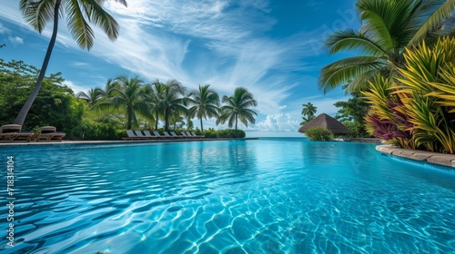 swimming pool in tropical park  luxury resort