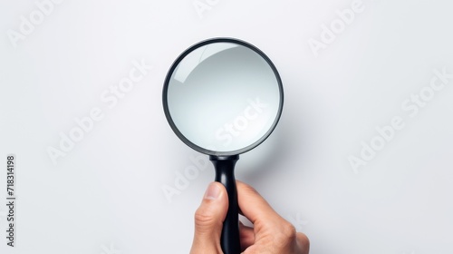  a hand holding a magnifying glass on top of a white table with a white wall in the background.