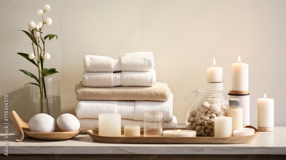  a table topped with a tray of towels and candles next to a vase filled with white flowers and white candles.