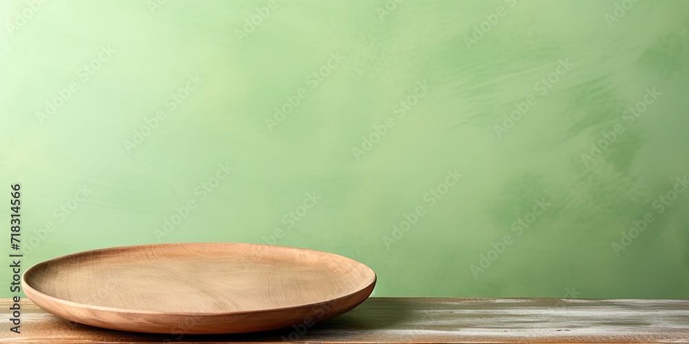 Empty round wooden plate on white cement table and green cement wall background, used for displaying food. Empty round wooden plate on white cement table and green cement wall background, used for displaying food.