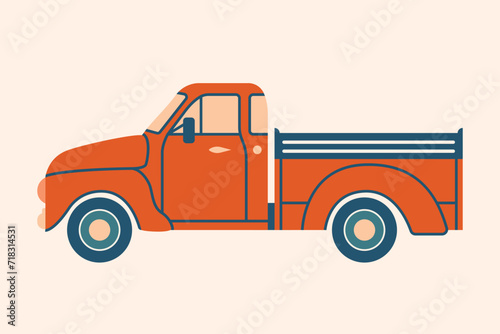 Red american pickup truck. Vector minimalist illustration in flat style. Cute clip art with car, vehicle, transport. 