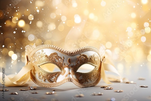 mardi gras holiday golden mask, bokeh lights background