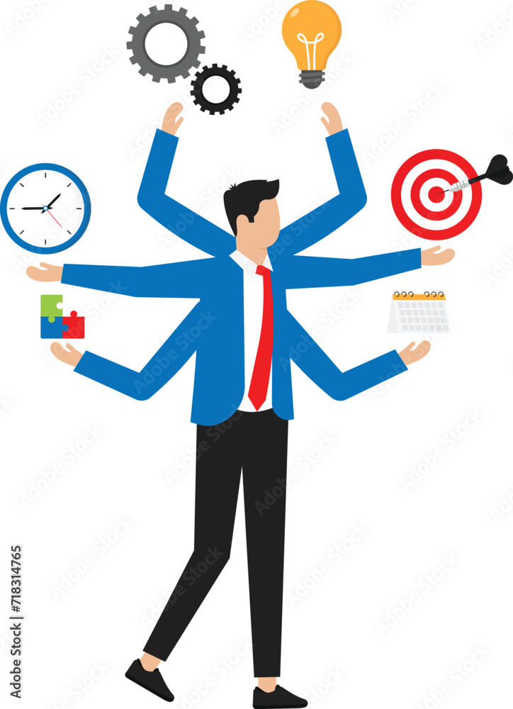 Multitasking or project management and task or work efficiency, productivity or time management and balancing work responsibilities, productive man with many hands handling multitasking work.
Multitasking or project management and task or work efficiency, productivity or time management and balancing work responsibilities, productive man with many hands handling multitasking work.