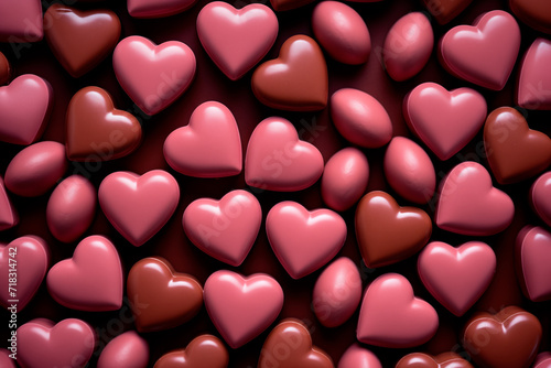 Closeup of chocolate candy hearts and sweets in shape of love symbol on pink background, for Valentine's day