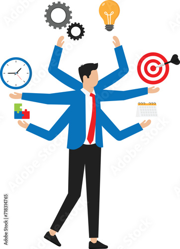 Multitasking or project management and task or work efficiency, productivity or time management and balancing work responsibilities, productive man with many hands handling multitasking work.
