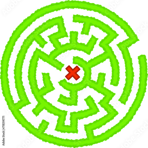 Green round hedge maze vector Illustration. Top view of the open air circular labyrinth made of garden bushes and grass. Education logic game for kids, preschool and school pupils. 