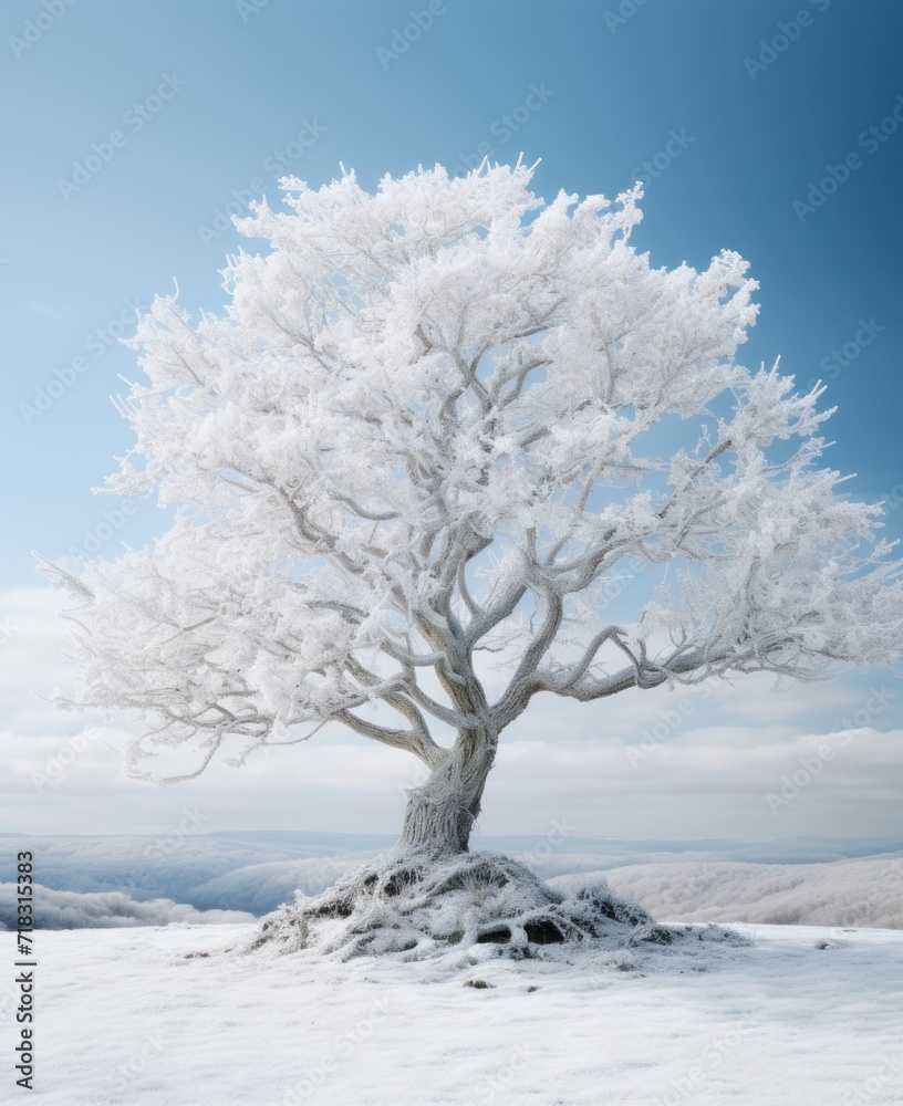  a snow covered tree sitting on top of a snow covered hill in the middle of a blue and white sky.