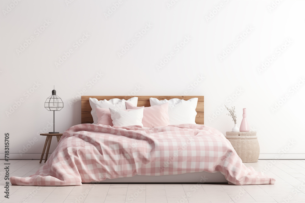 3D Rendering of Light, Cozy Interior with a bed, a pink blanket and a blank wall. Generative ai 3D Rendering of Light, Cozy Interior with a bed, a pink blanket and a blank wall. Generative ai
