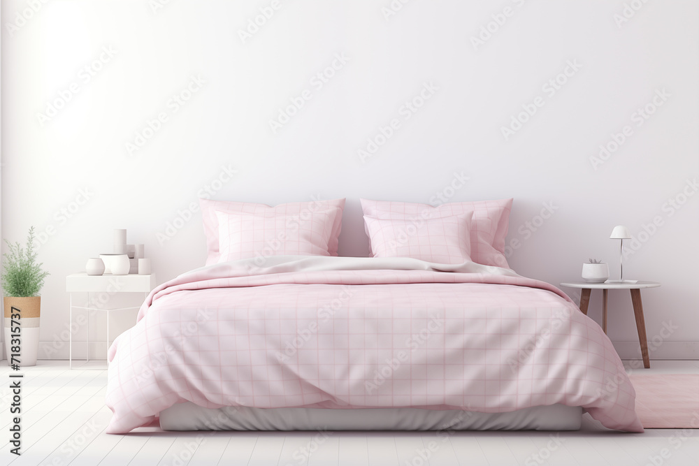 Bed and pillows. 3D Rendering of Light, Cozy Interior with a bed, a pink blanket and a blank wall. Generative ai Bed and pillows. 3D Rendering of Light, Cozy Interior with a bed, a pink blanket and a blank wall. Generative ai