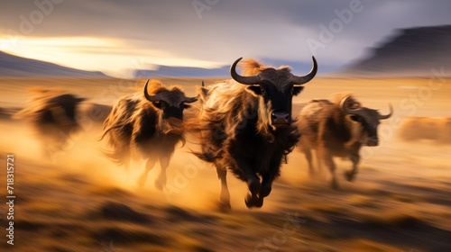  a herd of long horn cattle running across a dry grass field in front of a mountain range in the distance.