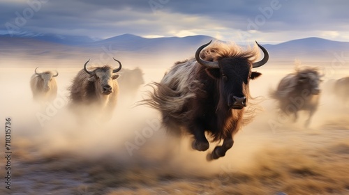  a herd of wild animals running across a dry grass field in front of a mountain range with clouds in the sky.