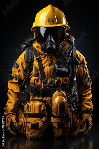 Firefighter in full hazmat gear against a dark background exuding readiness and protection