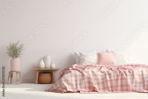 Bed and pillows. 3D Rendering of Light  Cozy Interior with a bed  a pink blanket and a blank wall. Generative ai