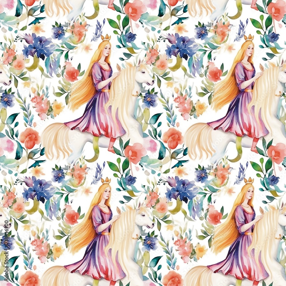 woman with hair A princess wearing a crown sits waiting for a horse to run in a forest of flowers in a garden. Flowers, leaves, Mahajan handicrafts, watercolor seamless fabric pattern.