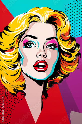 Retro pop art female sexy blonde lady in red with colorful background in comic retro pop art style. vertical.