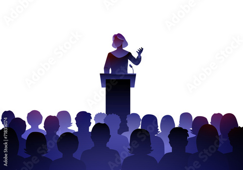 Female Public Speaker On Lectern In Front Of Audience.