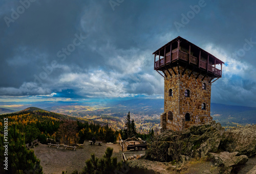 Fototapeta Naklejka Na Ścianę i Meble -  Stone tower on a High Stone in Karkonosze mountains. Szklarska Poreba, Poland