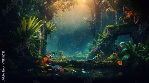  a digital painting of a jungle scene with a stream in the middle of the jungle and lots of plants and flowers. photo