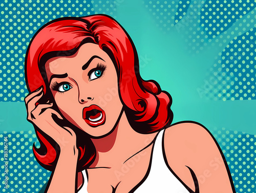 Surprised retro pop art red haired woman with open mouth, hand on her face. green background. horizontal.