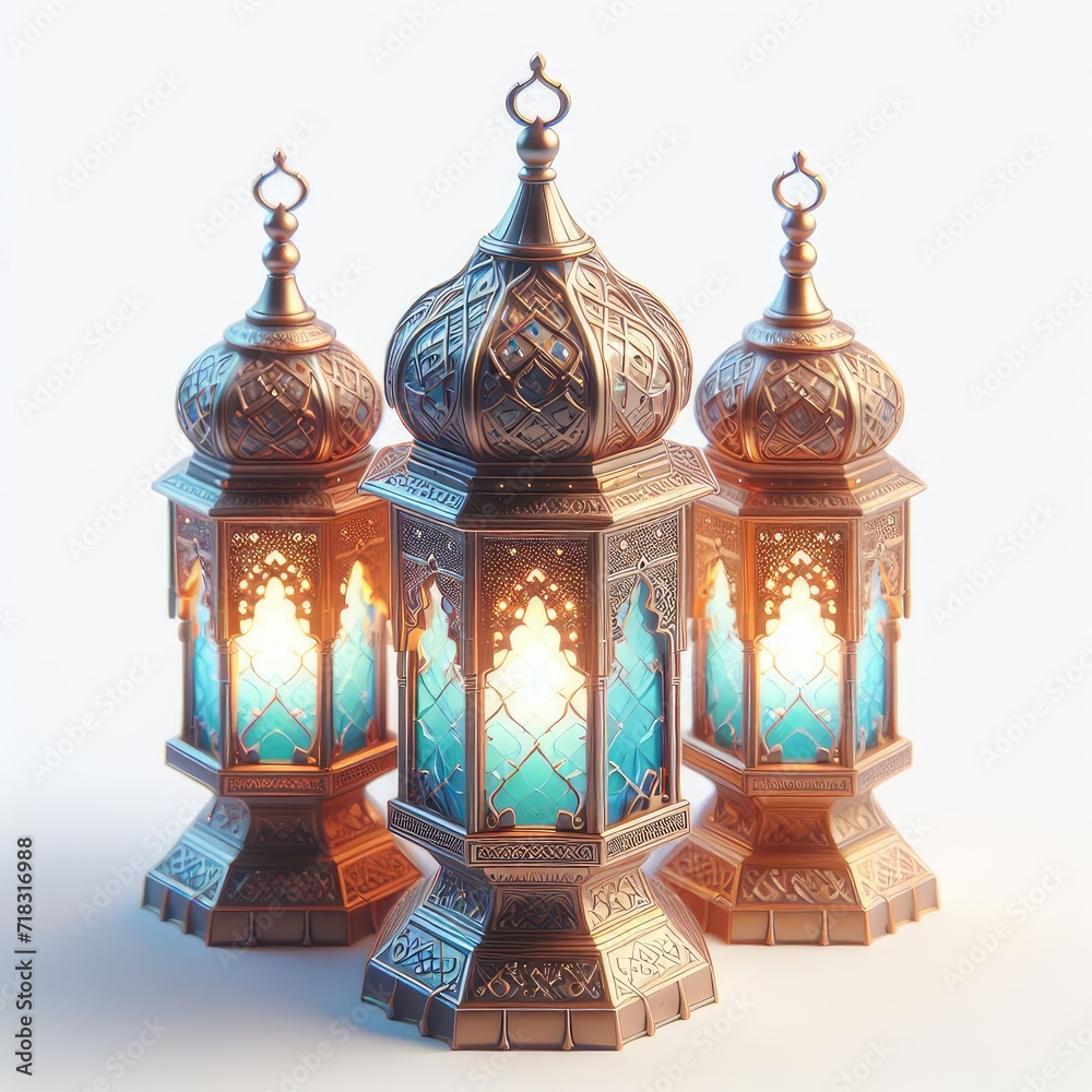 Obraz premium View of 3d ramadan and eid islamic lantern isolated on white background