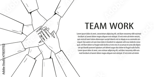 A flat vector illustration of hands making a gesture of unity, solidarity and support. A stack of hands and a place for text. Doodle style design on a white background.
