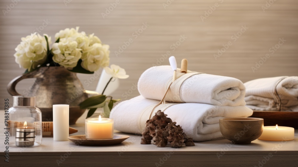 a table topped with a stack of white towels next to a vase filled with white flowers and a lit candle. a table topped with a stack of white towels next to a vase filled with white flowers and a lit candle.