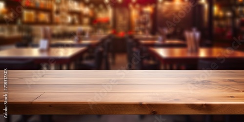 Blurred cafe or restaurant interior with creative blurry wallpaper, wooden desk. Mock up. © Sona