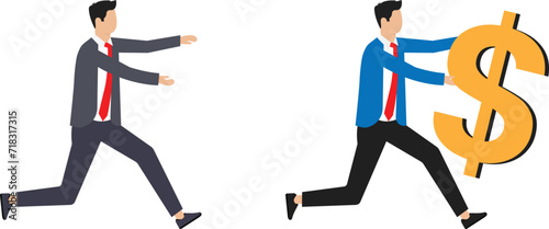 concept of financial fraud and illegal investment scam or ponzi scheme stealing money from greedy man, businessman investor running to catch money US dollar sign with hidden phishing bait.

