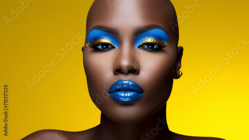  Striking young black woman with vibrant blue lipstick, complemented by a shaved hairstyle, adorned with chic yellow and vivid blue eyeshadow and earrings.