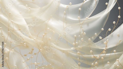  a close up of a white curtain with pearls on the end of the curtain and a black background behind it.