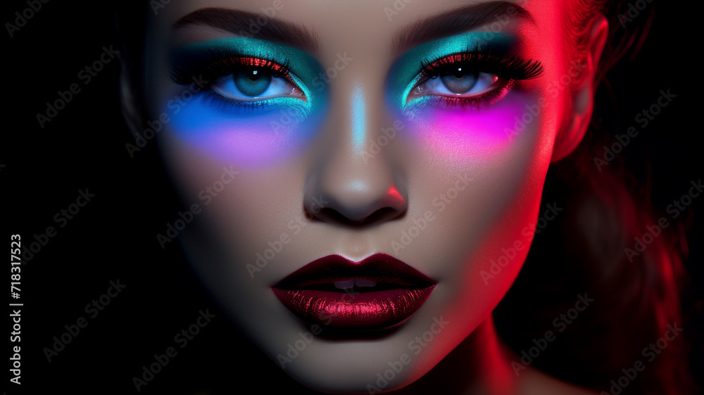 Vibrant, bold makeup transforms a young woman into a futuristic cyborg chic. Editorial beauty concept. Vibrant, bold makeup transforms a young woman into a futuristic cyborg chic. Editorial beauty concept.