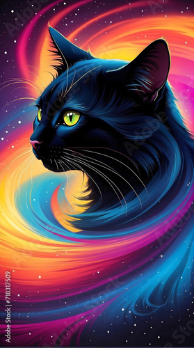 Far Out Feline Flirts with Neon Galaxies. Colorful cat, retr0, pop art. cat art, wall art mural art wall decor and interior decoration