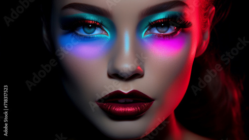 Vibrant, bold makeup transforms a young woman into a futuristic cyborg chic. Editorial beauty concept.