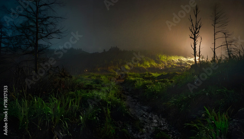 A muddy path through a foggy forest. © A Luna Blue