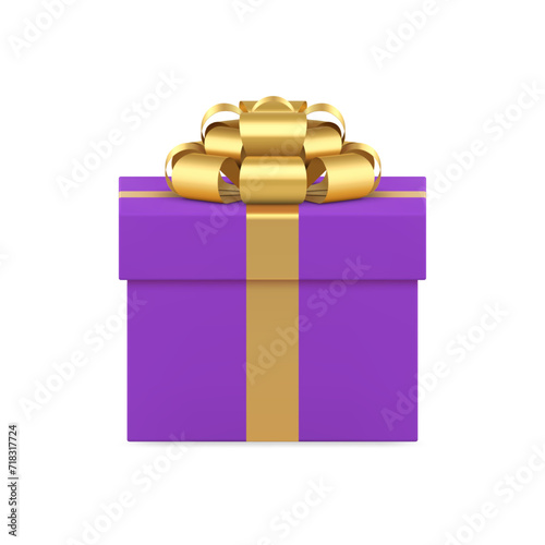 Violet fashion gift box with luxury golden bow ribbon wrapped pack 3d icon realistic vector