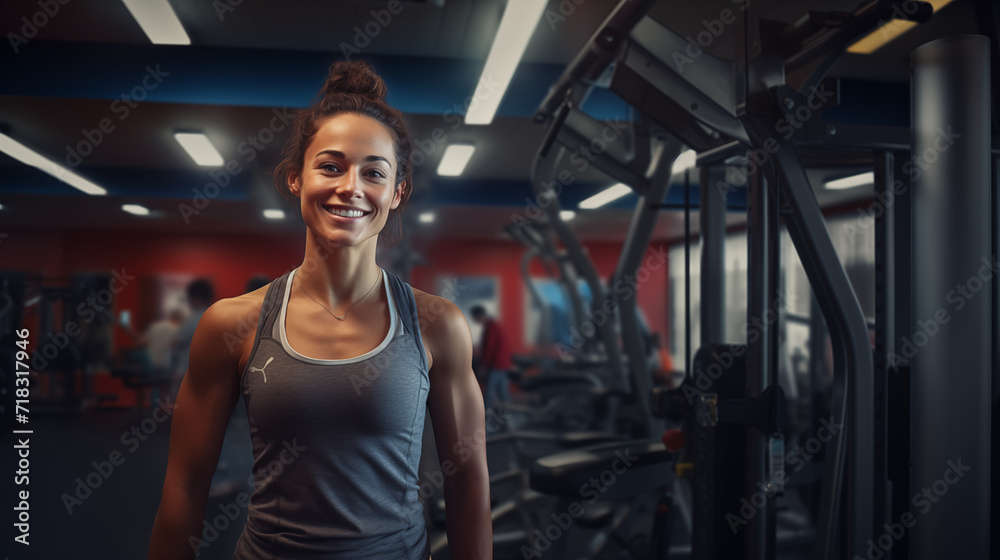 Fototapeta premium healthy beautiful athletic woman in a gym looking at the camera and smiling