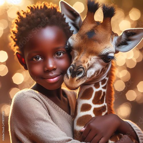 niña de 8 años africana de una tribu abrazando a un bebe de jirafa en prier plano fondo con boke © Tonikko