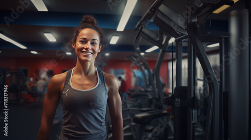 healthy beautiful athletic woman in a gym looking at the camera and smiling