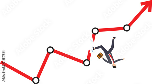 Economic downturn and impact of the economic and financial crisis. falling chart and financial collapse. Businessman falls off broken green chart chart and turns red.
