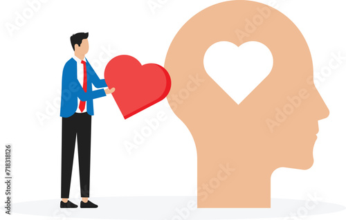 Emotional intelligence and the ability to understand feelings and emotions, mental health and balance between thoughts and emotions, man with his heart climbing the stairs to his head.

