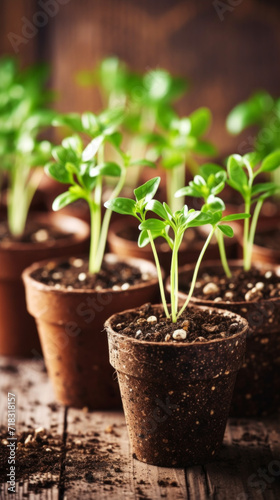 Fresh plant seedlings in rustic terracotta pots on a wooden table, ready for gardening.