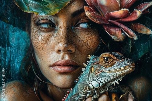 A mesmerizing painting captures the delicate balance between human and reptile, as a woman's face transforms into that of a dragon, held gently in her hands © Radomir Jovanovic