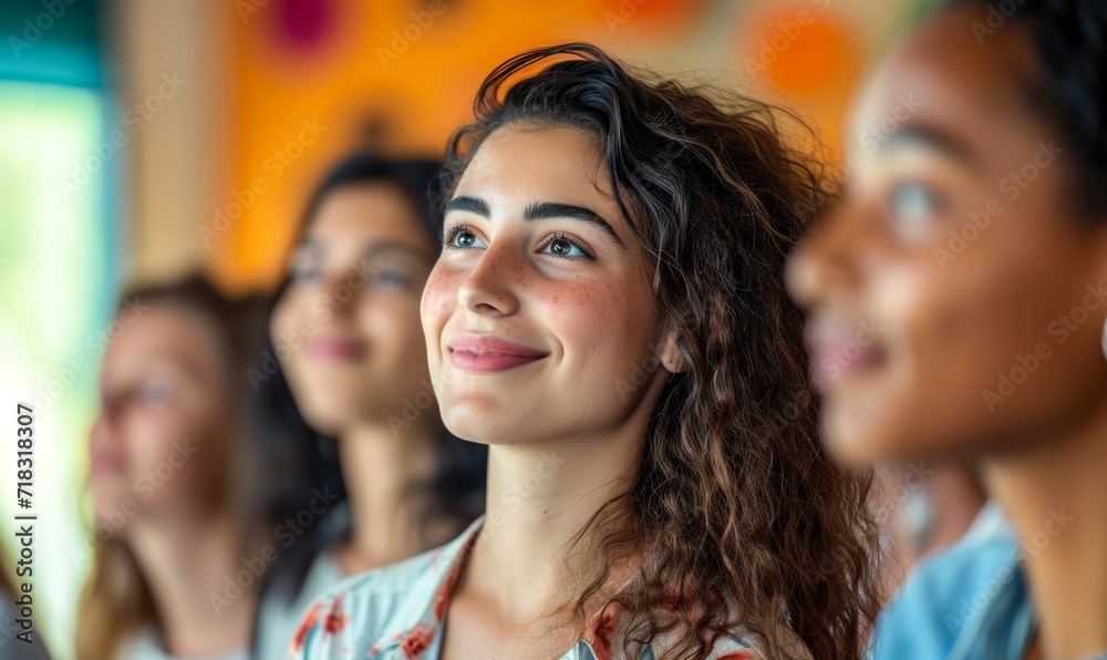 A joyful young woman gazes to her side, her radiant smile accentuated by her black hair and arched eyebrow, exuding a sense of confidence and contentment in her stylish attire