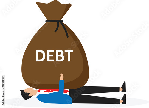 Mortgage or borrow money problem, debt burden and financial obligation or loan repayment, heavy burden of money failure, businessman trying to carry bag of money losing big debt banknotes.
