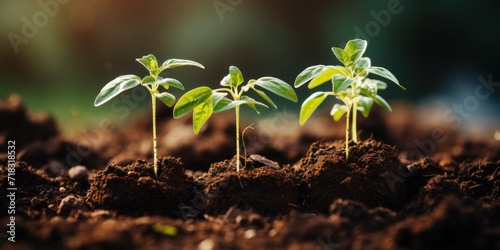 Three small green seedlings growing in fertile soil with a sunlit background