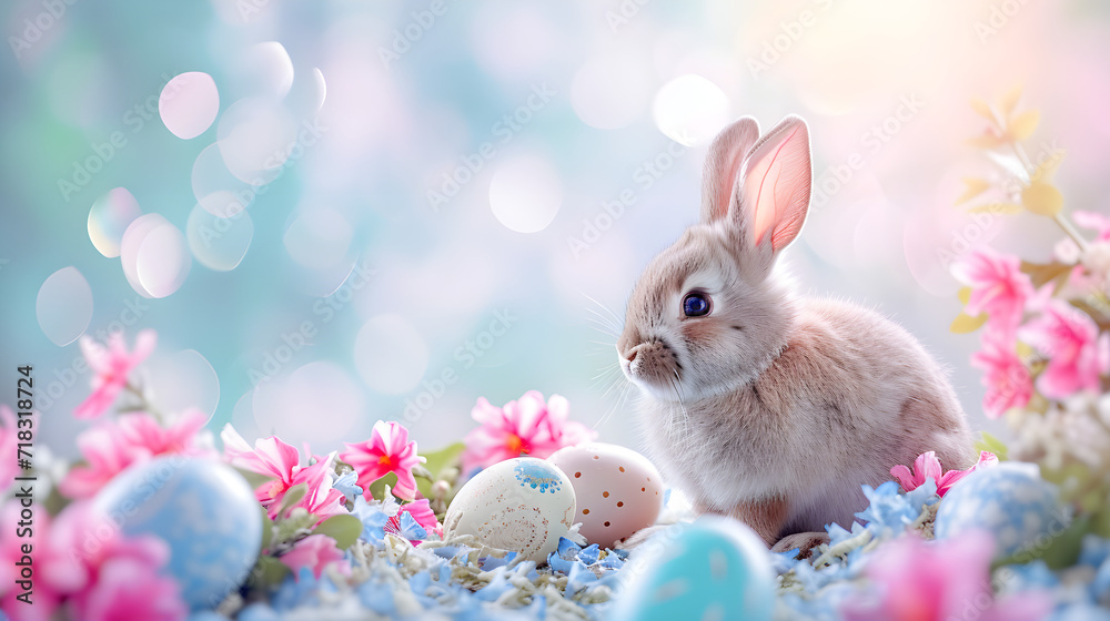 Easter cute bunny with Easter colored eggs on a spring gentle background with a tree branch and flowers Easter cute bunny with Easter colored eggs on a spring gentle background with a tree branch and flowers