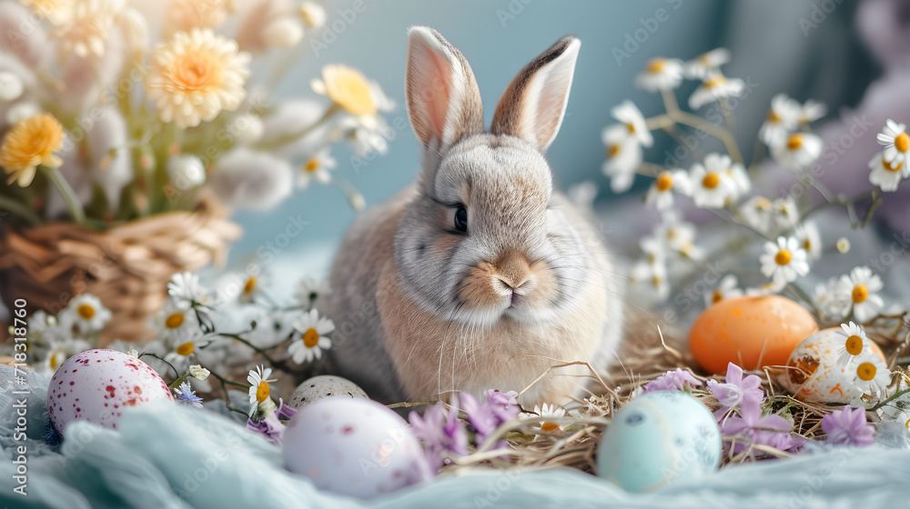 Easter bunny with Easter colored eggs on a spring gentle background with flowers