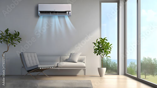 The air conditioner hangs on the wall of a cozy bright room with furniture and plants photo
