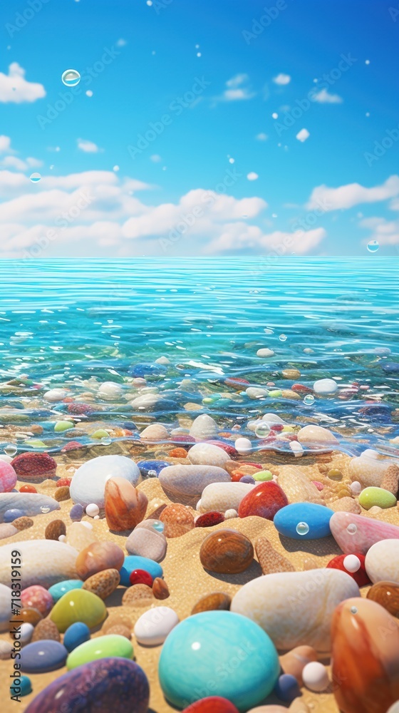 a bunch of rocks sitting on top of a sandy beach under a blue sky with a small amount of clouds. a bunch of rocks sitting on top of a sandy beach under a blue sky with a small amount of clouds.